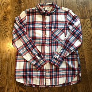 Red, blue, white, yellow plaid button up flannel.